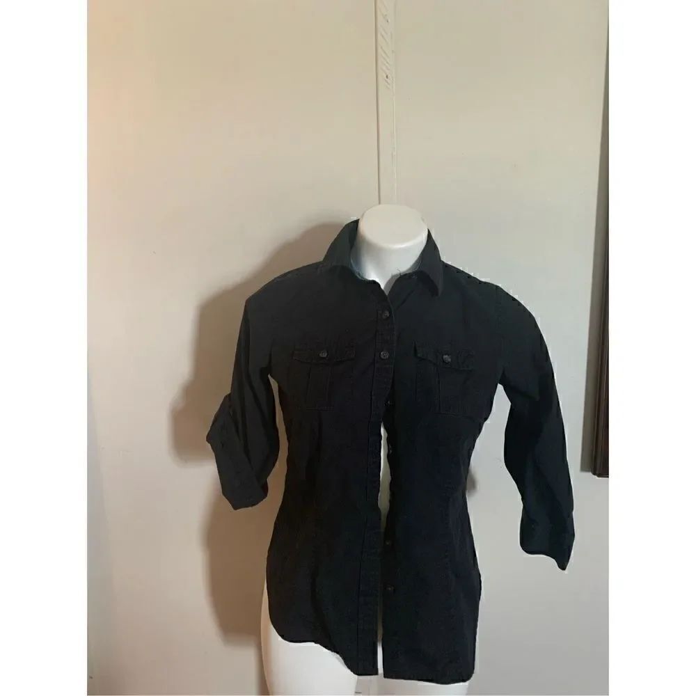 Van Heusen Women's Button Three Quarter Sleeve Button Down Shirt Black Size XS